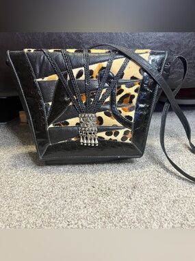 Black & Leopard Patchwork leather Crossbody Bag with Silver Accents